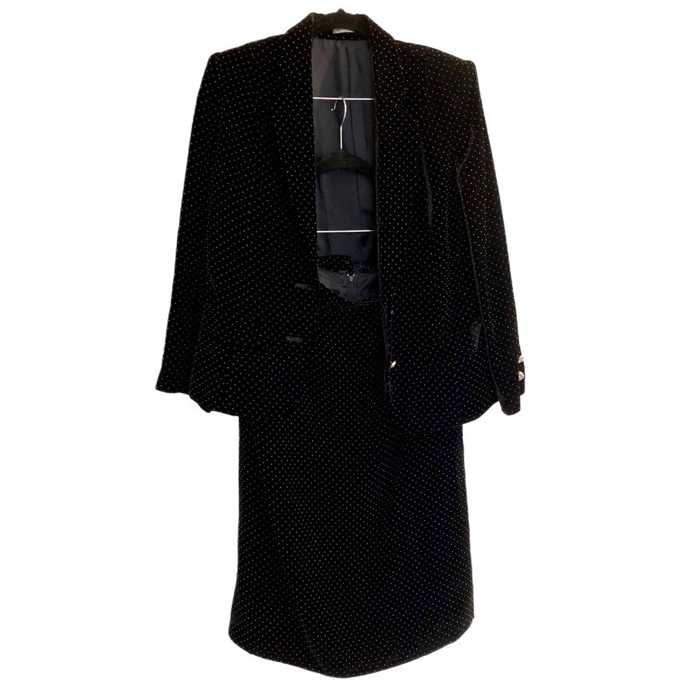 Black velvet with metal dots all over blazer and skirt suit for office or event